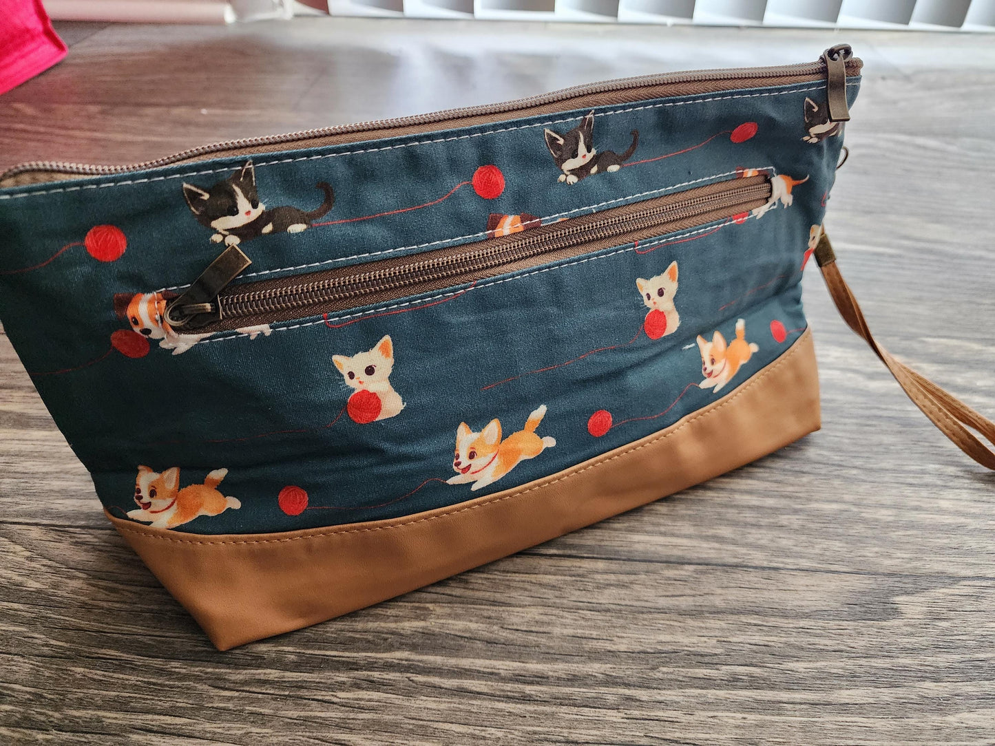 Twice Sheared Sheep Project Bag | Knitting and Crochet Project Holder with Outer Zipper | Medium Size | Cat and Dog