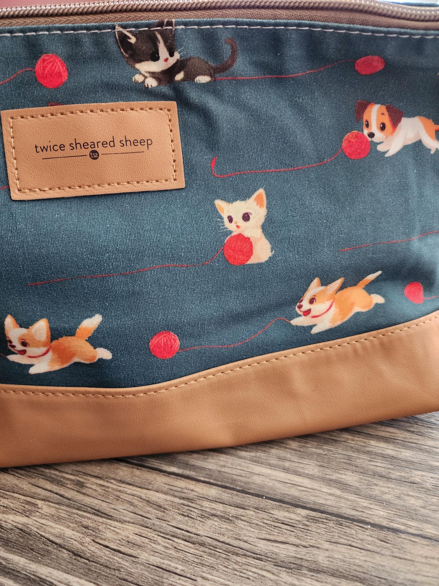 Twice Sheared Sheep Project Bag | Knitting and Crochet Project Holder with Outer Zipper | Medium Size | Cat and Dog